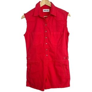 Replay Coral Snap Button Sleeveless Denim Romper SZ XS Rockabilly Frayed NWT